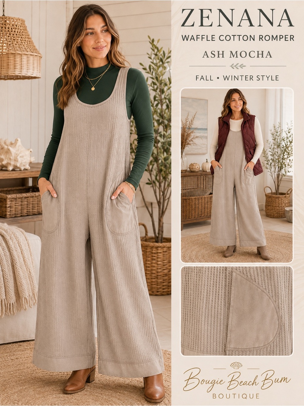 SALE!! Zenana Outfitters Ash Mocha Waffle Cotton Sleeveless Romper